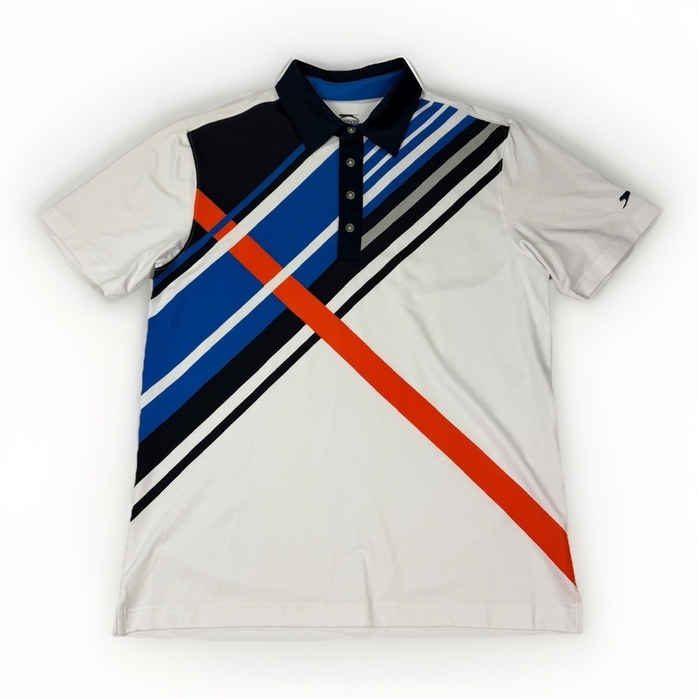 Slazenger Mens M White Striped‎ Golf Polo Athletic Stretch Performance Shirt